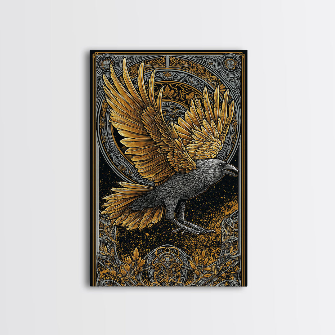 Huginn and Muninn Raven Canvas Gold Art Canvas Art | Norse Mythology Wall Hanging for Man Cave Decor | Real Wood Frame Included