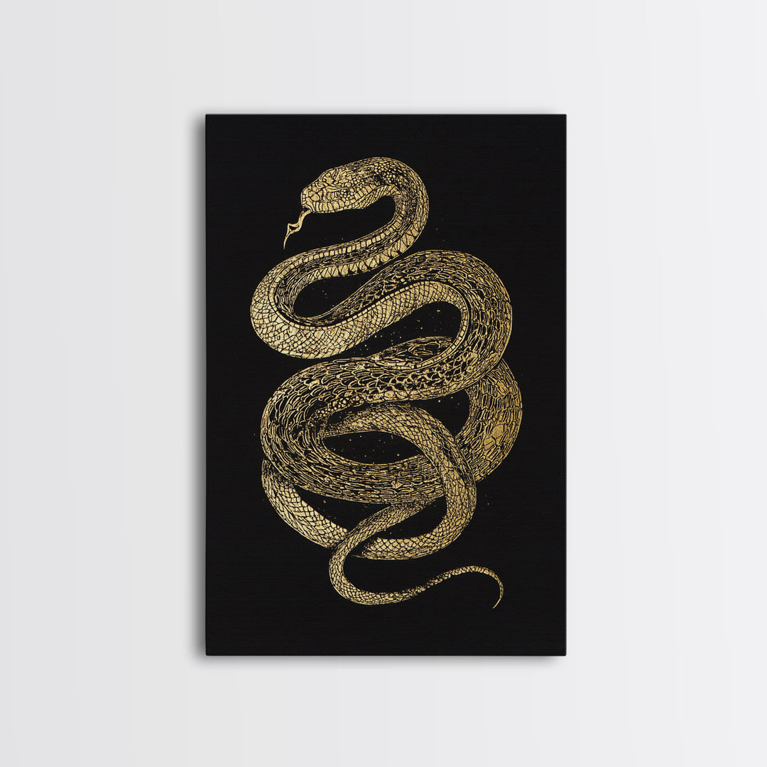 Jormungandr Serpent Canvas Gold Art Canvas Art | Viking Snake Norse Mythology Wall Art for Office or Man Cave | Framed in Wood