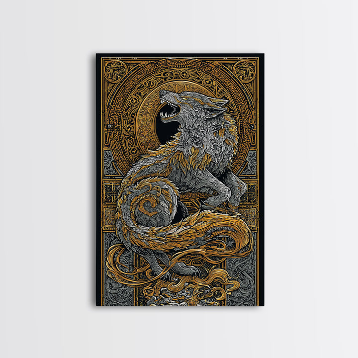 Fenrir Wolf Canvas Gold Art Canvas Art | Norse Mythology Viking Wolf Wall Decor for Dad Gift or Office Art | Real Wood Frame