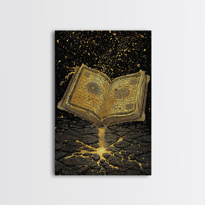 Nordic Spellbook Canvas Gold Art Canvas Art | Viking Runes Mythology Wall Decor for Man Cave or Office | Framed with Wood