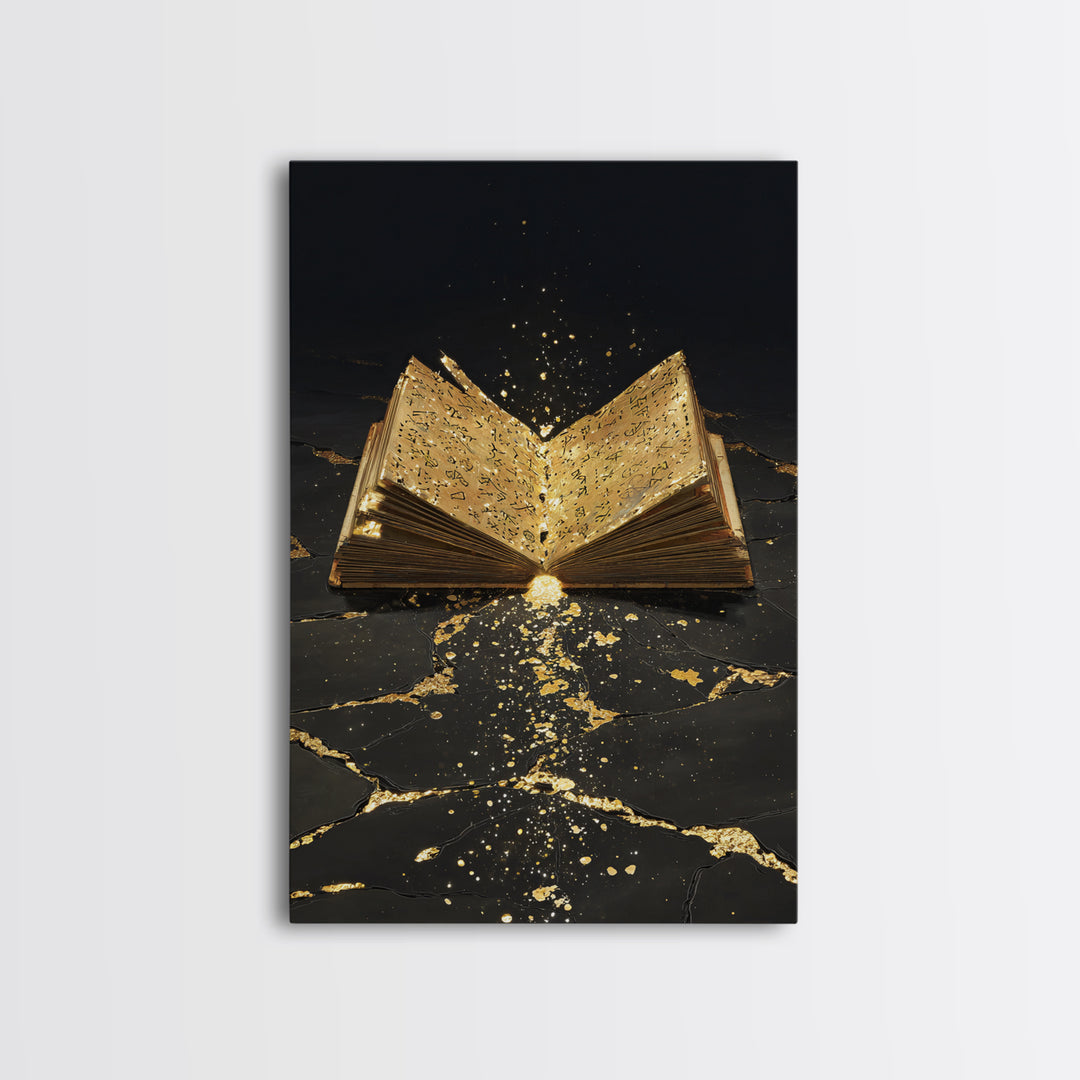 Ancient Rune Book Canvas Gold Art Canvas Art | Norse Mythology Viking Decor for Office Art or Man Cave | Natural Wood Framing