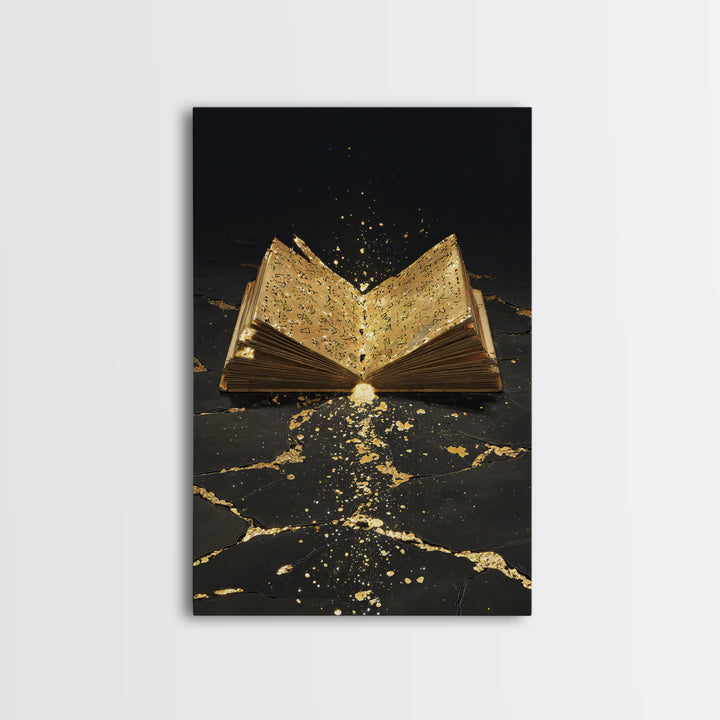 Ancient Rune Book Canvas Gold Art Canvas Art | Norse Mythology Viking Decor for Office Art or Man Cave | Natural Wood Framing