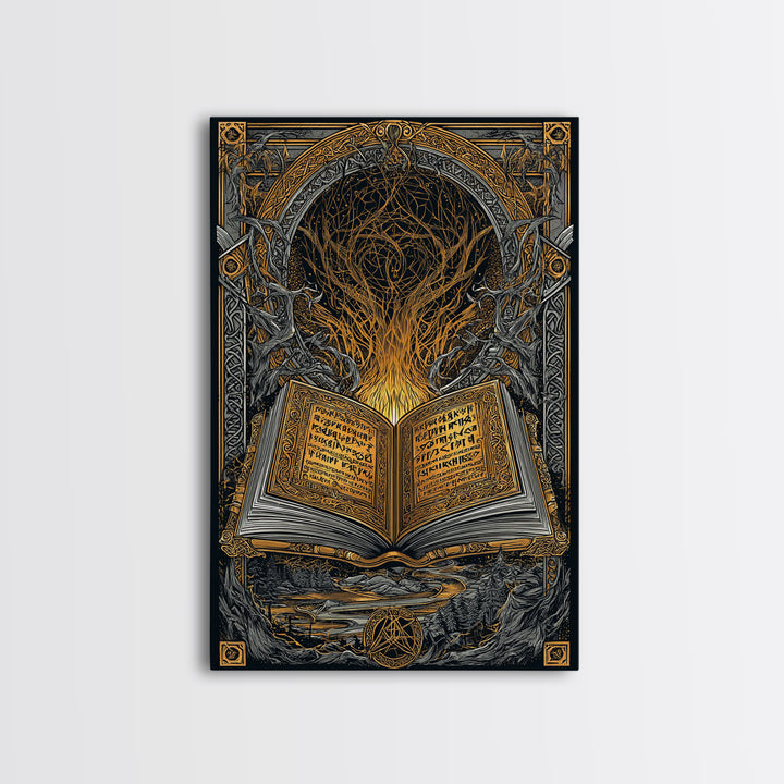 Viking Grimoire Canvas Gold Art Canvas Art | Norse Mythology Rune Book Wall Decor for Dad Gift or Study | Framed in Real Wood
