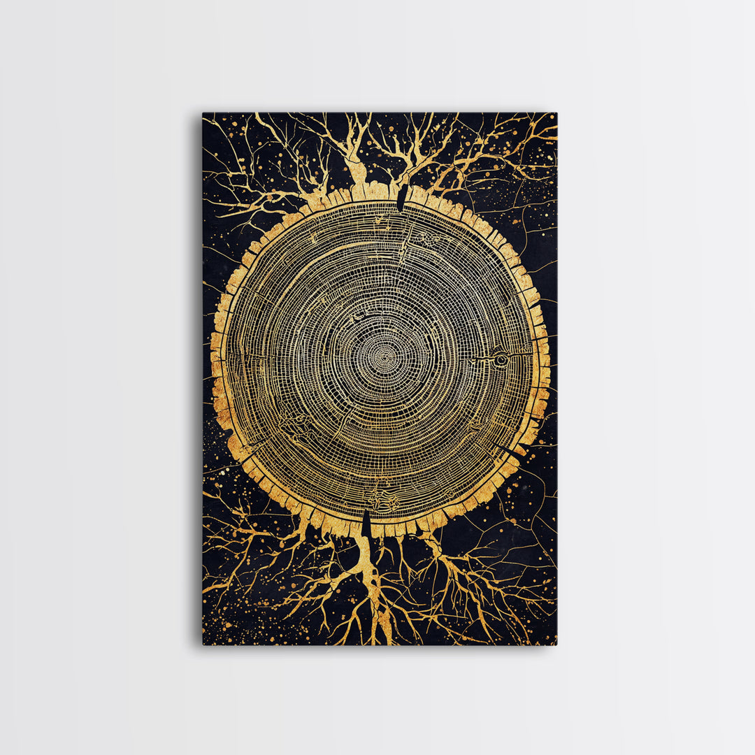Canvas Gold Art of Yggdrasil Inspired Tree Rings, Norse Mythology Canvas Art for Dad Gift or Study, handcrafted real wood frame