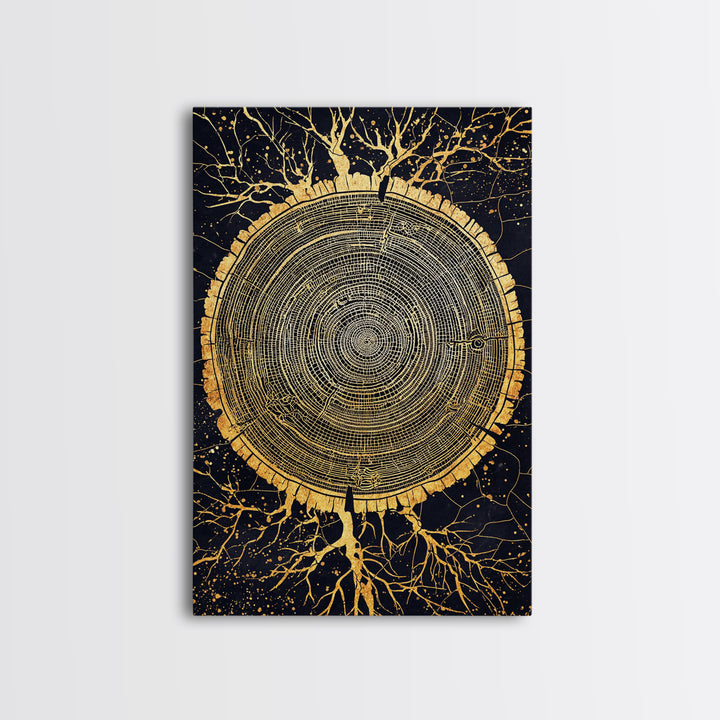Canvas Gold Art of Yggdrasil Inspired Tree Rings, Norse Mythology Canvas Art for Dad Gift or Study, handcrafted real wood frame