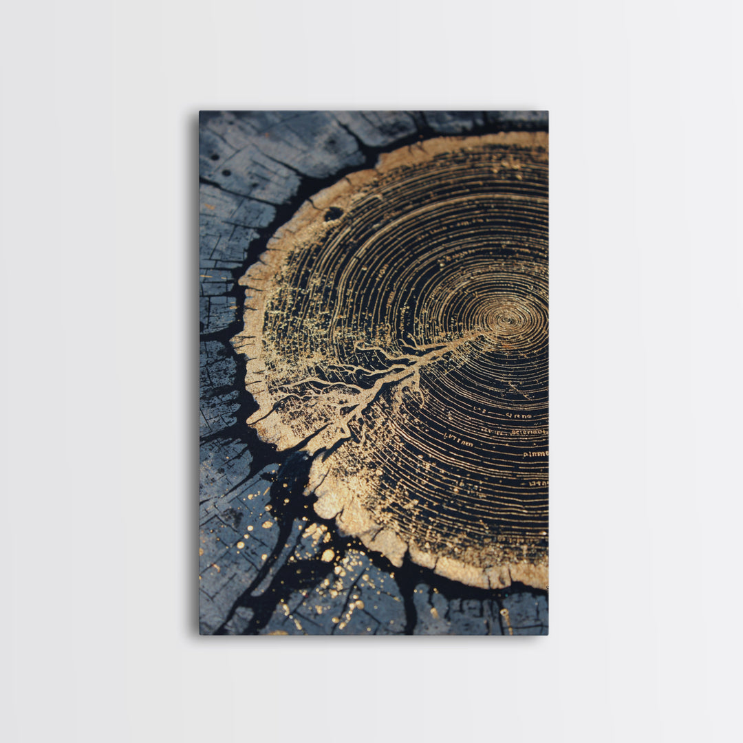 Odin’s Yggdrasil Tree Ring Canvas Gold Art, Nordic Mythology Canvas Art for Man Cave or Office, framed in natural real wood