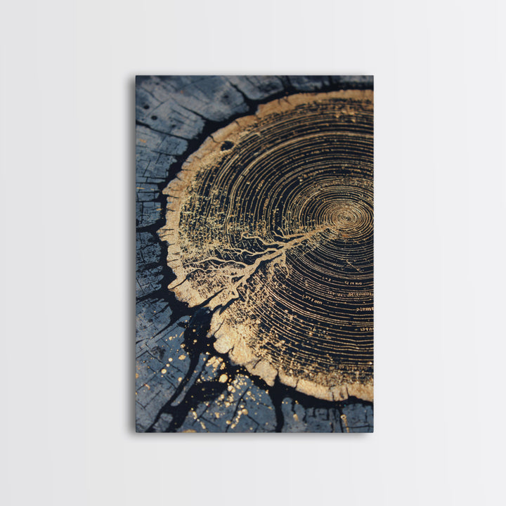Odin’s Yggdrasil Tree Ring Canvas Gold Art, Nordic Mythology Canvas Art for Man Cave or Office, framed in natural real wood