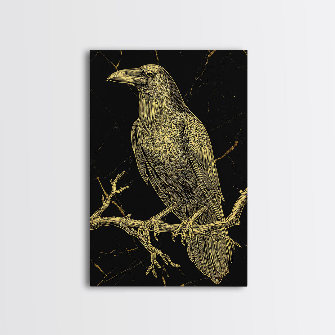 Raven Canvas Gold Art Wall Decor, Huginn and Muninn Inspired Norse Mythology Canvas Art for Office or Man Cave, in real wood frame