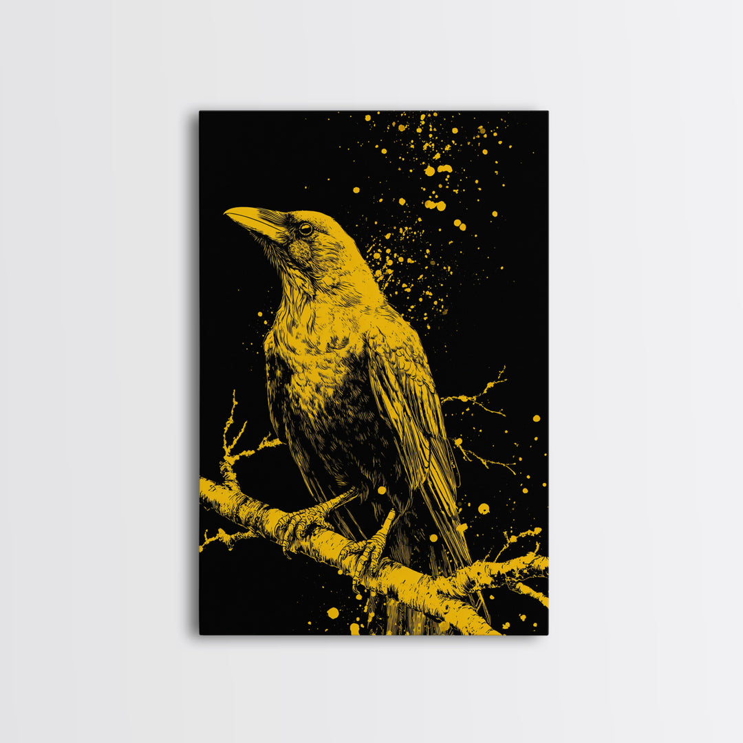 Nordic Mythology Raven Canvas Gold Art, Odin’s Huginn Raven Canvas Art for Dad Gift, Office or Study, framed with natural wood