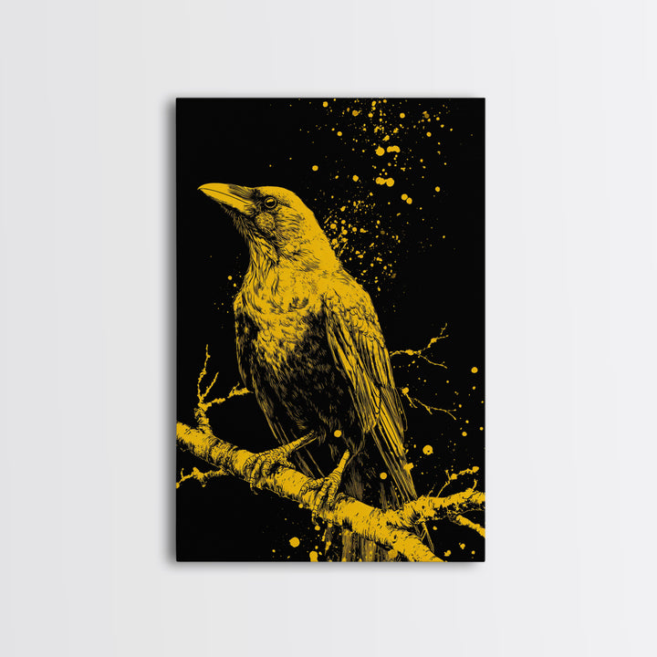 Nordic Mythology Raven Canvas Gold Art, Odin’s Huginn Raven Canvas Art for Dad Gift, Office or Study, framed with natural wood