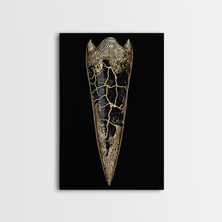 Viking Armor Relic Canvas Gold Art, Nordic Mythology Inspired Canvas Art Wall Decor for Office or Man Cave, with real wood frame