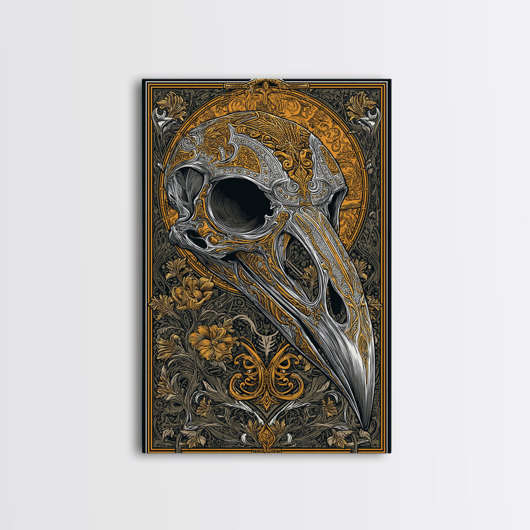 Norse Crow Skull Canvas Gold Art, Nordic Mythology Canvas Art for Man Cave or Office, framed in handcrafted real wood frame