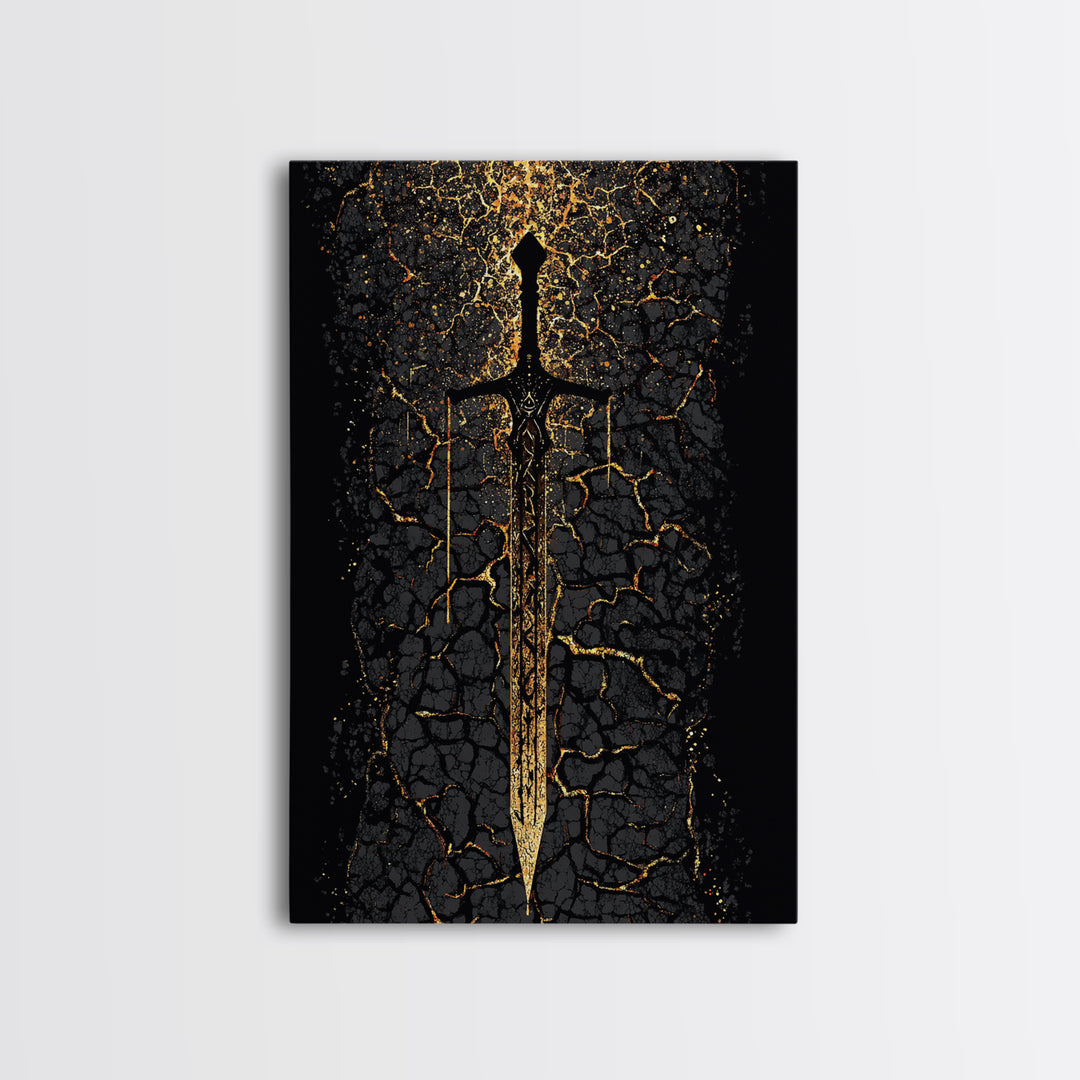 Viking Sword Canvas Gold Art, Norse Mythology Canvas Art Wall Decor for Dad Gift, Office or Study, framed with natural real wood