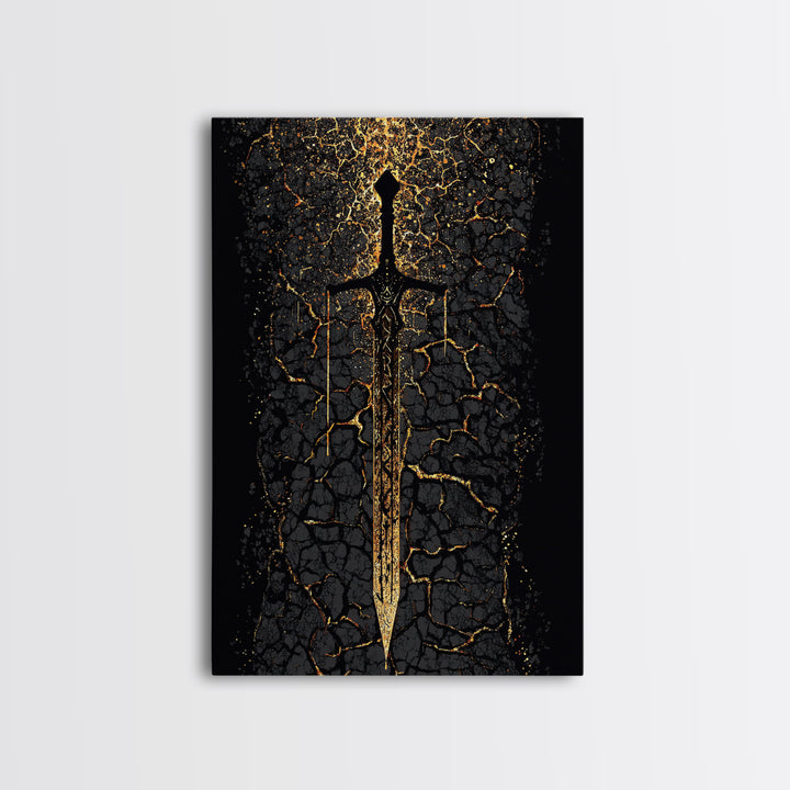 Viking Sword Canvas Gold Art, Norse Mythology Canvas Art Wall Decor for Dad Gift, Office or Study, framed with natural real wood
