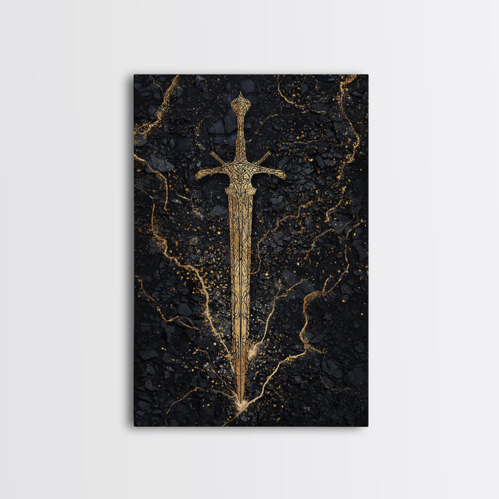 Nordic Sword of Legends Canvas Gold Art, Norse Mythology Inspired Canvas Art for Man Cave or Office, with real wood frame