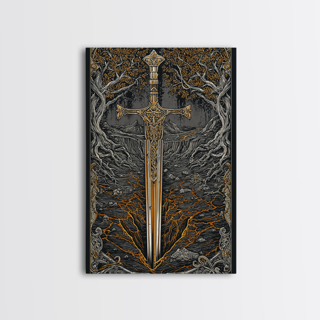 Yggdrasil Sword Canvas Gold Art, Nordic Mythology Canvas Art for Office or Dad Gift, handcrafted and framed in real natural wood