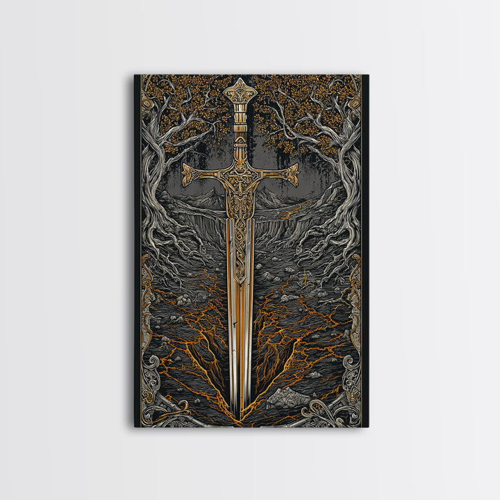Yggdrasil Sword Canvas Gold Art, Nordic Mythology Canvas Art for Office or Dad Gift, handcrafted and framed in real natural wood