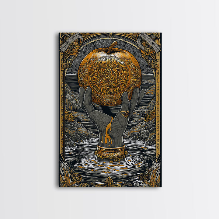 Mythic Apple Offering Canvas Gold Art Canvas Art | Nordic God Wall Art Pagan Symbol Decor | Office or Man Cave | Wood Frame