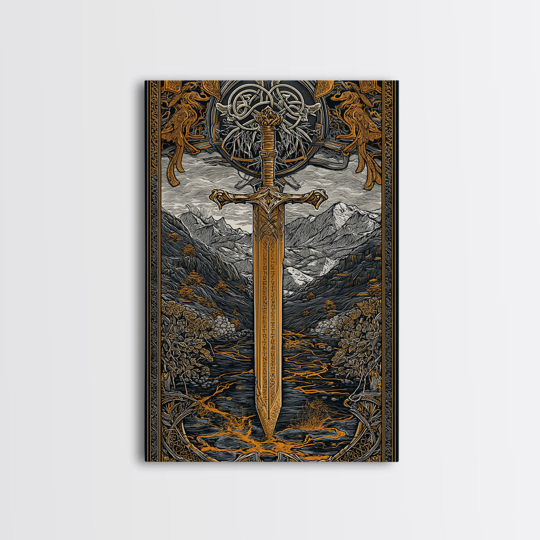 Norse Saga Sword Canvas Gold Art, Viking Inspired Canvas Art for Man Cave or Office, Nordic Mythology Wall Decor in real wood frame