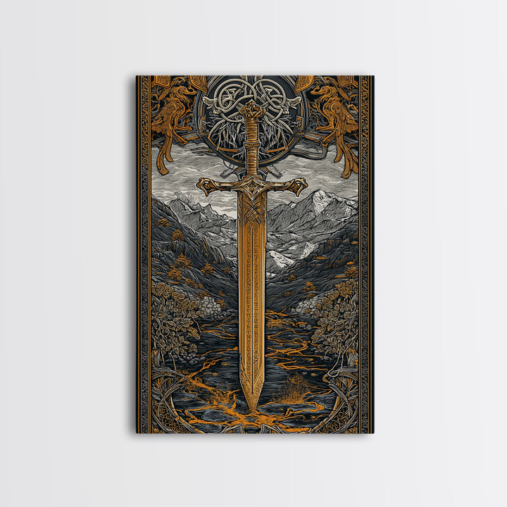 Norse Saga Sword Canvas Gold Art, Viking Inspired Canvas Art for Man Cave or Office, Nordic Mythology Wall Decor in real wood frame