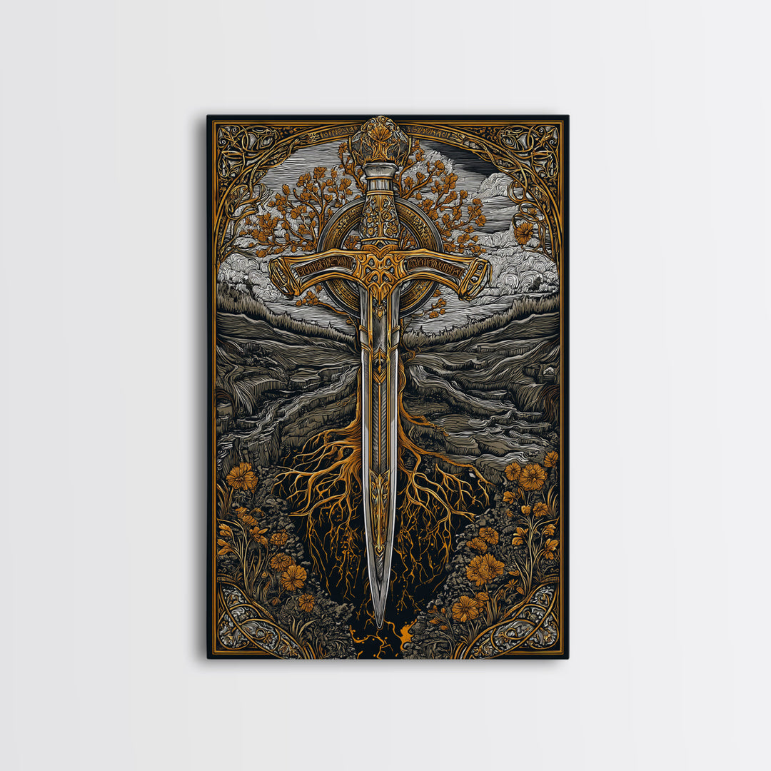 Nordic Sword of Yggdrasil Canvas Gold Art Canvas Art | Viking Mythology Wall Decor for Man Cave or Office | Framed in Real Wood
