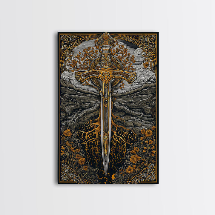 Nordic Sword of Yggdrasil Canvas Gold Art Canvas Art | Viking Mythology Wall Decor for Man Cave or Office | Framed in Real Wood