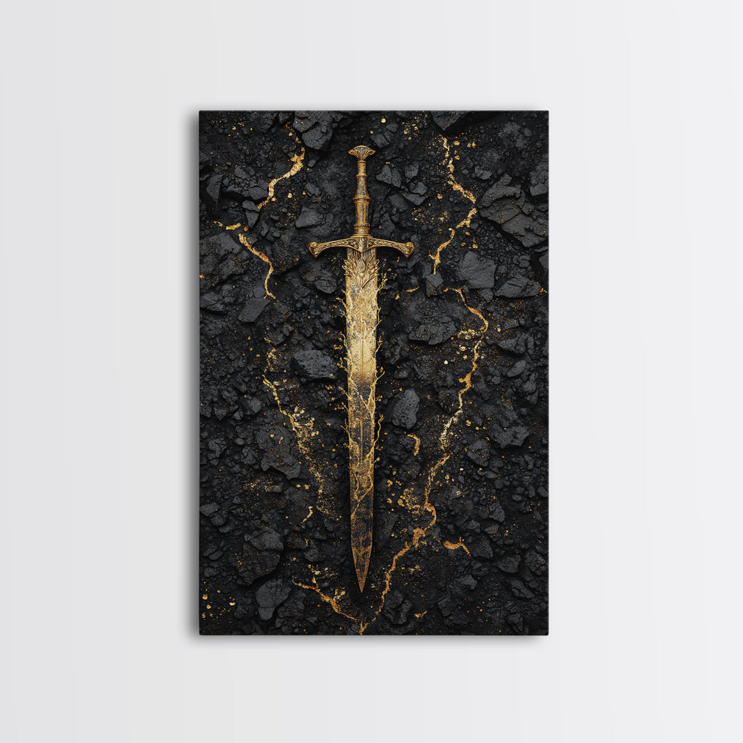 Ancient Viking Sword Canvas Gold Art Canvas Art | Norse Mythology Weapon Wall Decor Office Art Dad Gift | Mounted in Natural Wood