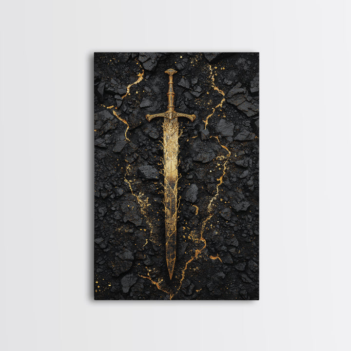 Ancient Viking Sword Canvas Gold Art Canvas Art | Norse Mythology Weapon Wall Decor Office Art Dad Gift | Mounted in Natural Wood