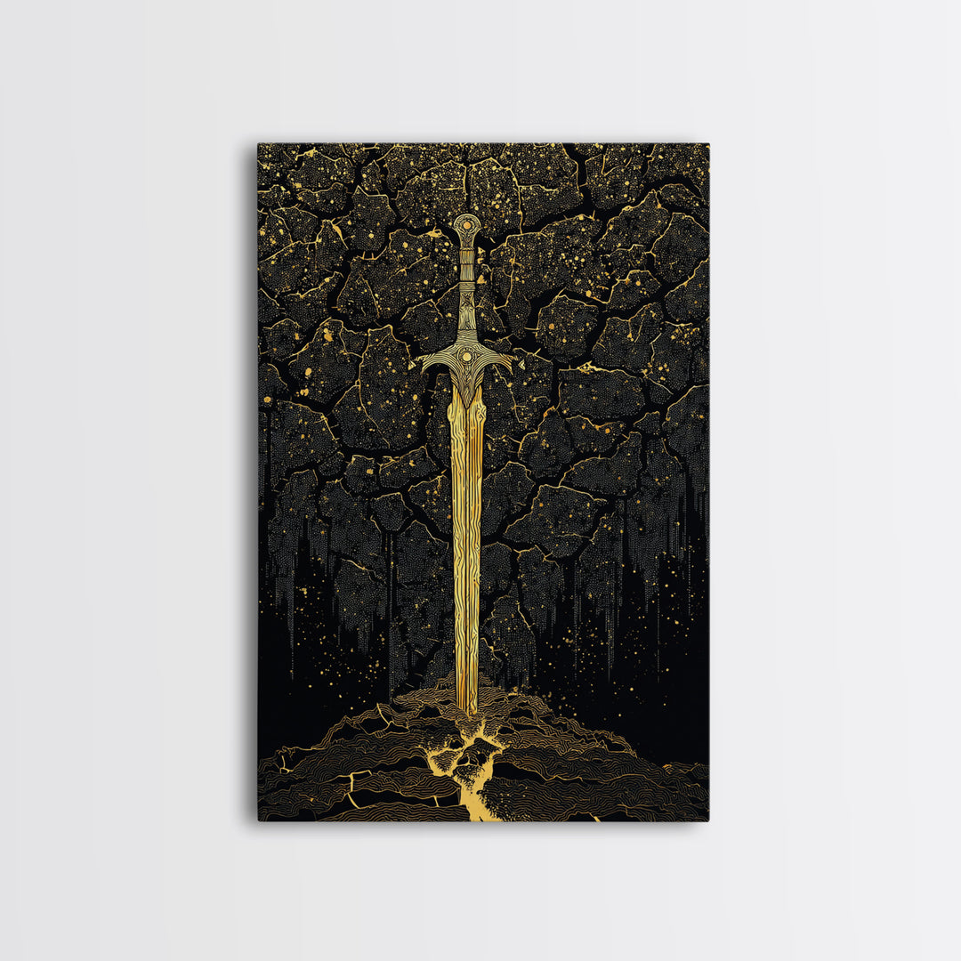 Cracked Earth Viking Blade Canvas Gold Art Canvas Art | Norse Mythology Wall Decor for Office or Man Cave | Framed with Real Wood