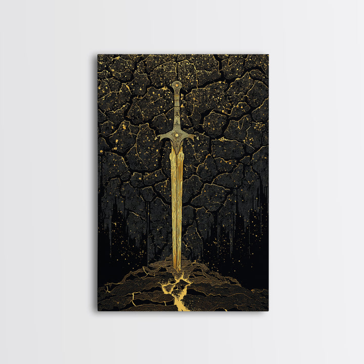 Cracked Earth Viking Blade Canvas Gold Art Canvas Art | Norse Mythology Wall Decor for Office or Man Cave | Framed with Real Wood