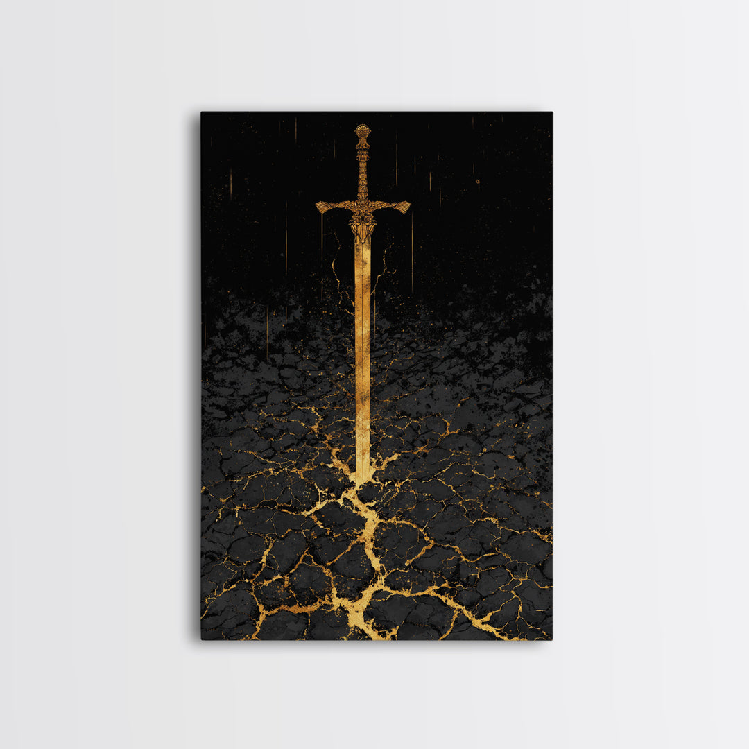 Norse Warrior Sword Canvas Gold Art Canvas Art | Viking Mythology Weapon Wall Decor Dad Gift | Office Art with Natural Wood Frame