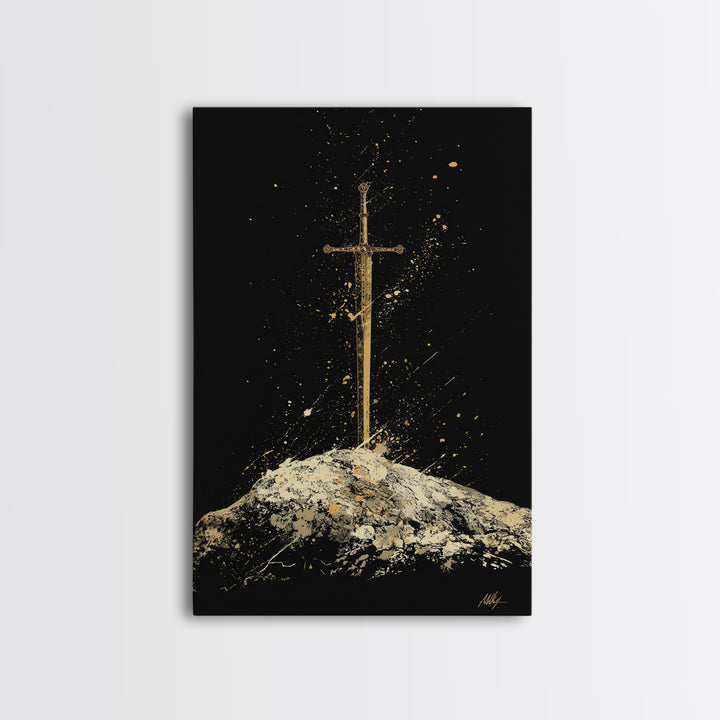 Sword in Stone Canvas Gold Art Canvas Art | Nordic Mythology Viking Weapon Wall Decor Office Art | Framed in Authentic Real Wood
