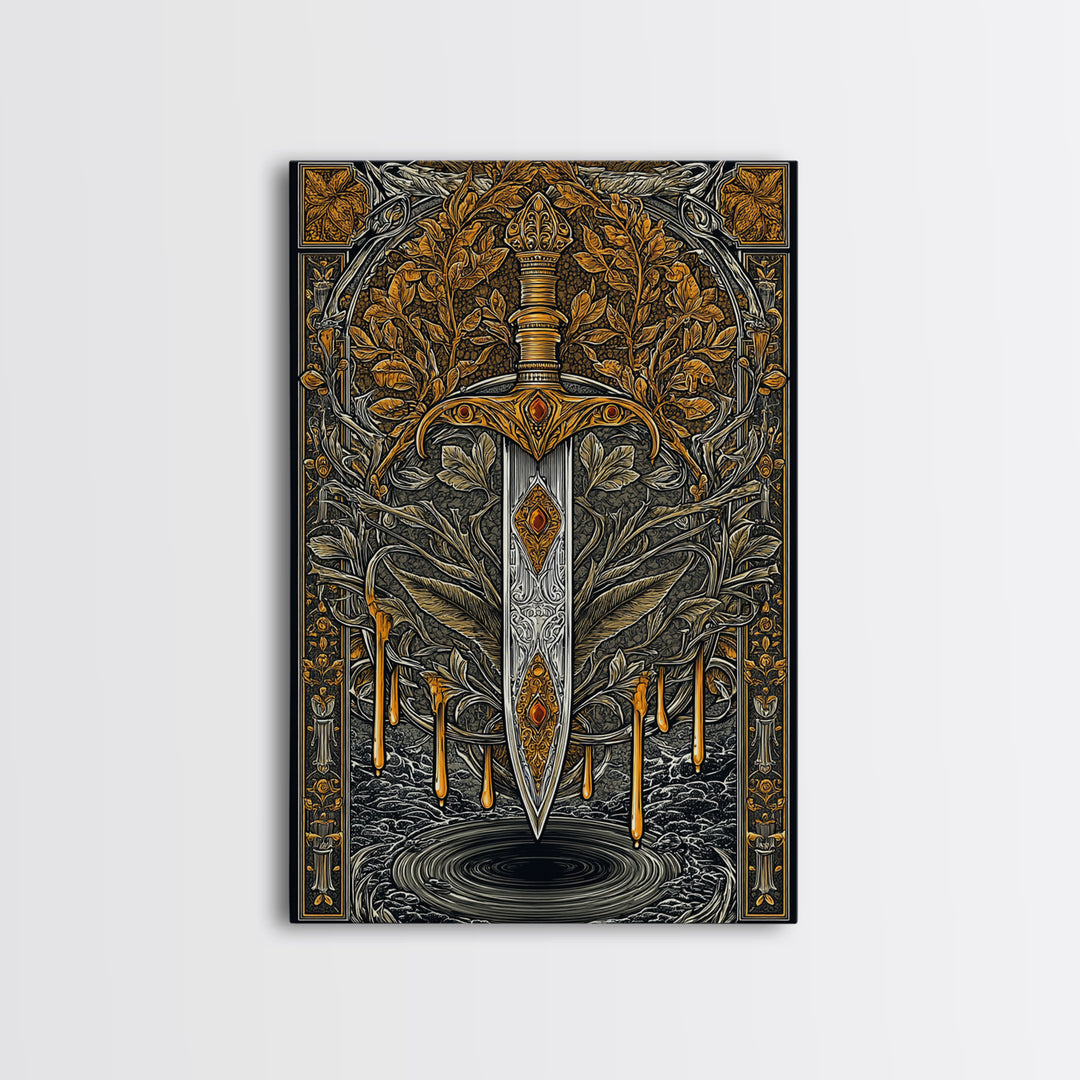 Golden Rune Sword Canvas Gold Art Canvas Art | Viking Mythology Weapon Wall Decor for Dad Gift | Office or Man Cave in Real Wood Frame