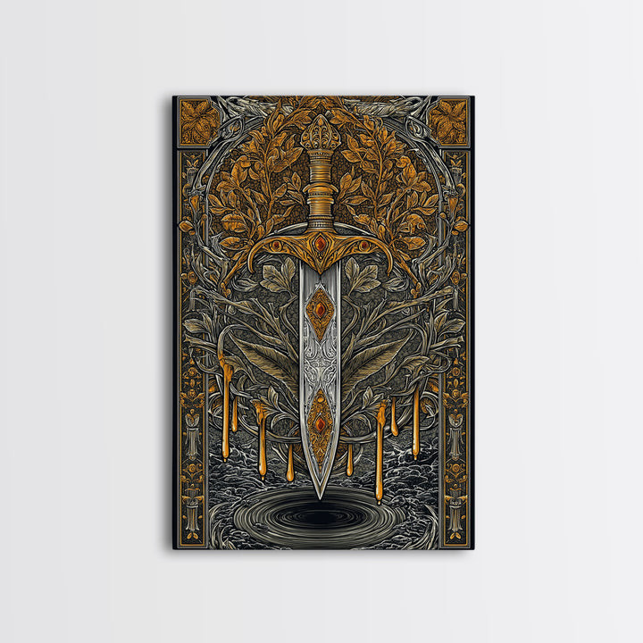 Golden Rune Sword Canvas Gold Art Canvas Art | Viking Mythology Weapon Wall Decor for Dad Gift | Office or Man Cave in Real Wood Frame