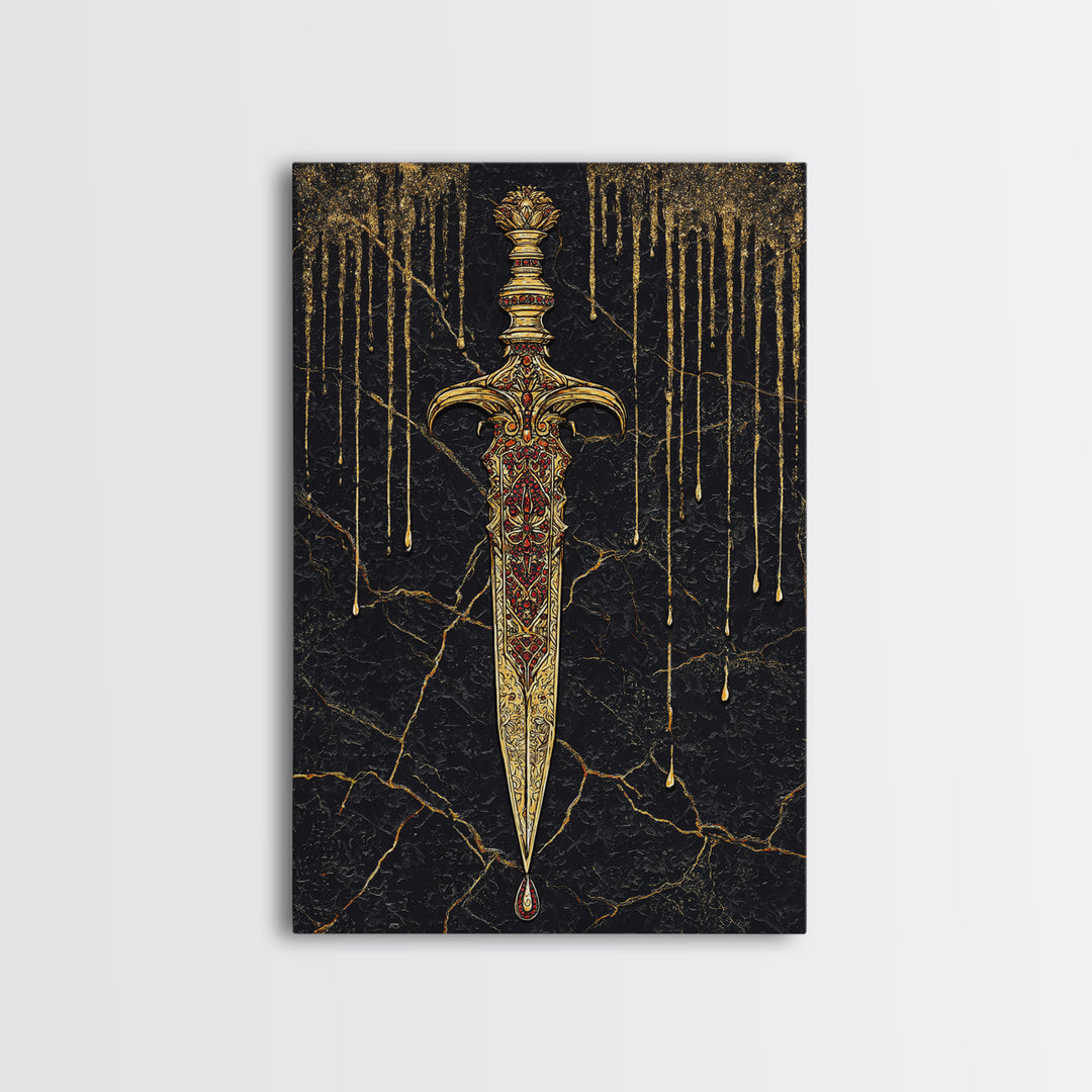 Norse Royal Dagger Canvas Gold Art Canvas Art | Viking Weapon Mythology Wall Decor Office Art | Framed with Solid Natural Wood