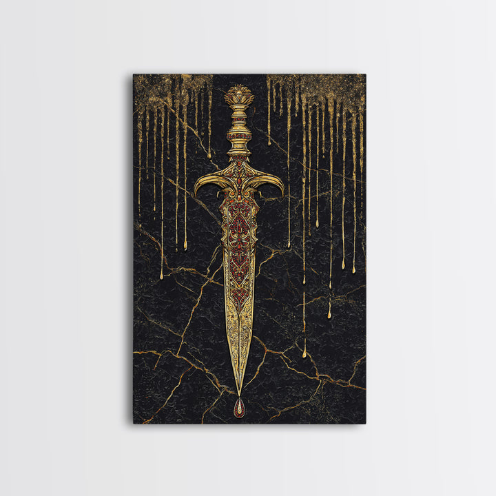 Norse Royal Dagger Canvas Gold Art Canvas Art | Viking Weapon Mythology Wall Decor Office Art | Framed with Solid Natural Wood