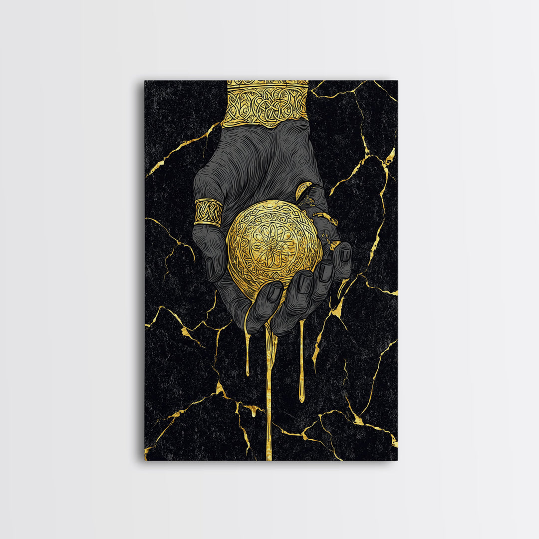 Runic Apple Canvas Gold Art Canvas Art | Viking Mythology Symbol Wall Art | Nordic Norse Decor Dad Gift | Natural Wood Frame