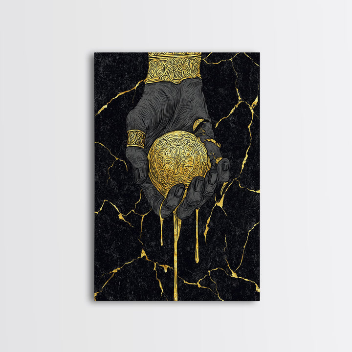Runic Apple Canvas Gold Art Canvas Art | Viking Mythology Symbol Wall Art | Nordic Norse Decor Dad Gift | Natural Wood Frame