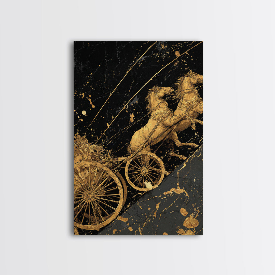 Norse Chariot Canvas Gold Art Canvas Art | Viking Mythology Horse Chariot Wall Decor for Office or Man Cave | Framed in Natural Wood