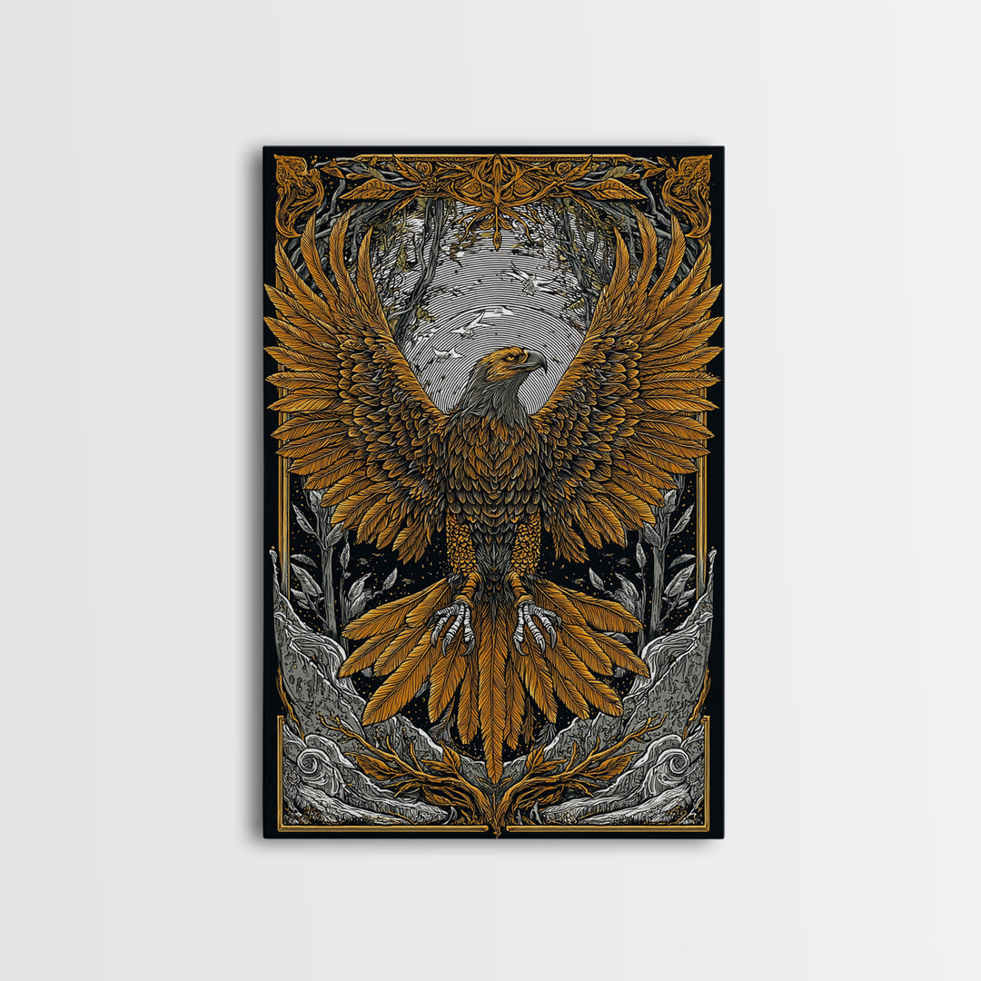Nordic Eagle Canvas Gold Art Canvas Art Wall Decor for Office or Man Cave, Viking Inspired Artwork in Natural Wood Frame