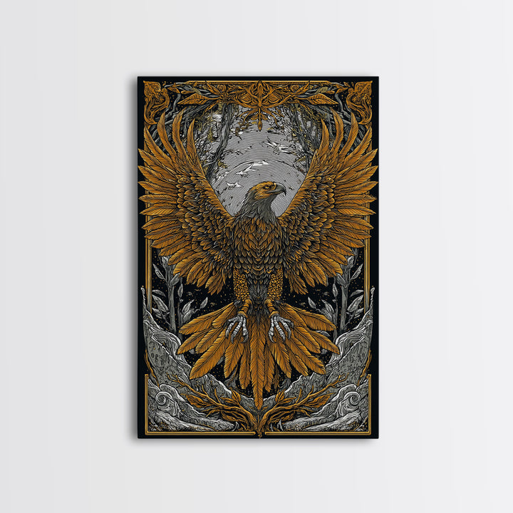 Nordic Eagle Canvas Gold Art Canvas Art Wall Decor for Office or Man Cave, Viking Inspired Artwork in Natural Wood Frame
