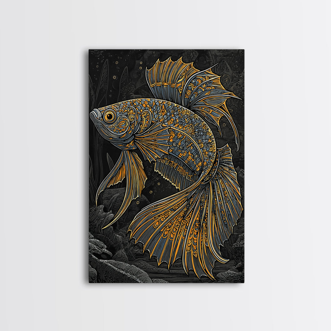 Canvas Gold Art Nordic Fish Canvas Art Wall Hanging, Viking Sea Symbol Decor for Office or Dad Gift, Framed with Real Wood