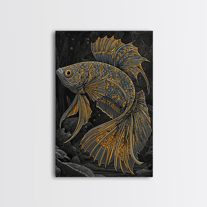 Canvas Gold Art Nordic Fish Canvas Art Wall Hanging, Viking Sea Symbol Decor for Office or Dad Gift, Framed with Real Wood