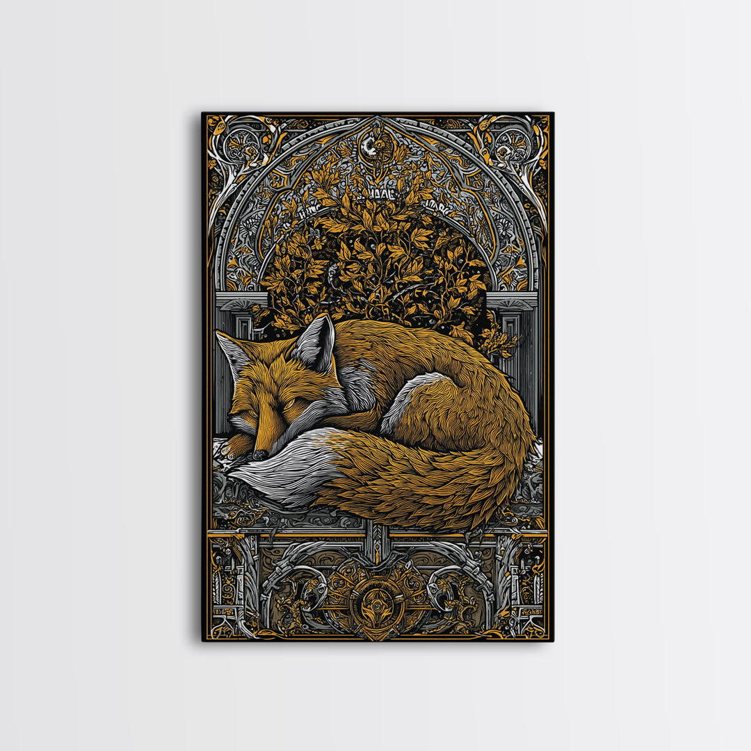 Viking Fox Canvas Gold Art Canvas Art Wall Decor, Nordic Mythology Inspired Animal Artwork for Office or Man Cave, Wood Frame