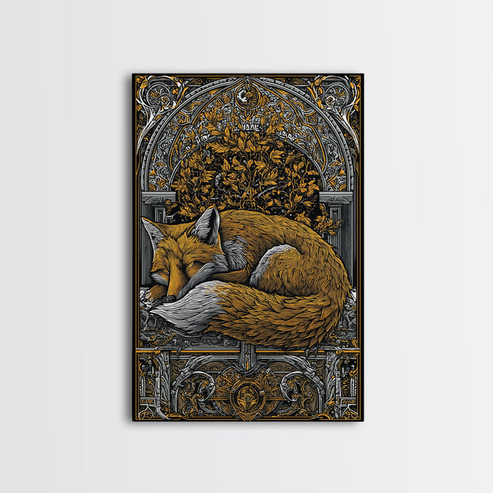 Viking Fox Canvas Gold Art Canvas Art Wall Decor, Nordic Mythology Inspired Animal Artwork for Office or Man Cave, Wood Frame