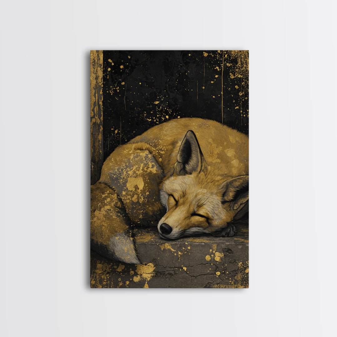Canvas Art Nordic Fox Canvas Gold Art Wall Hanging, Viking Mythology Decor Gift for Dad or Husband, Framed in Real Wood