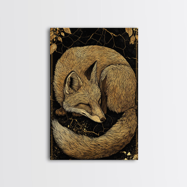 Nordic Sleeping Fox Canvas Gold Art Canvas Art Decor, Viking Myth Inspired Animal Wall Hanging with Natural Wood Frame