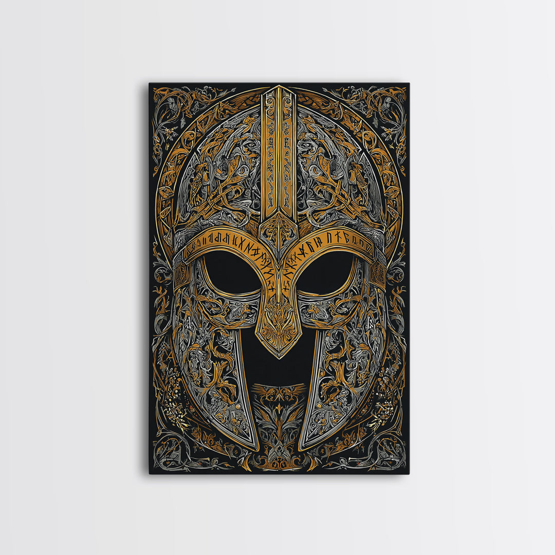 Viking Warrior Helmet Canvas Gold Art Canvas Art Wall Decor, Nordic Mythology Gift for Men or Office, Real Wood Frame Display
