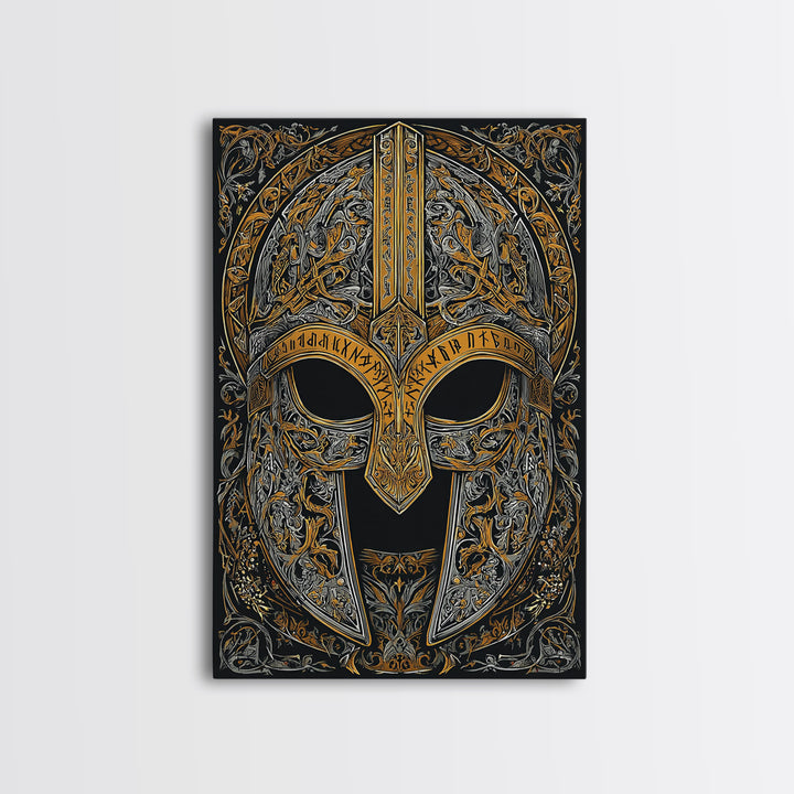 Viking Warrior Helmet Canvas Gold Art Canvas Art Wall Decor, Nordic Mythology Gift for Men or Office, Real Wood Frame Display