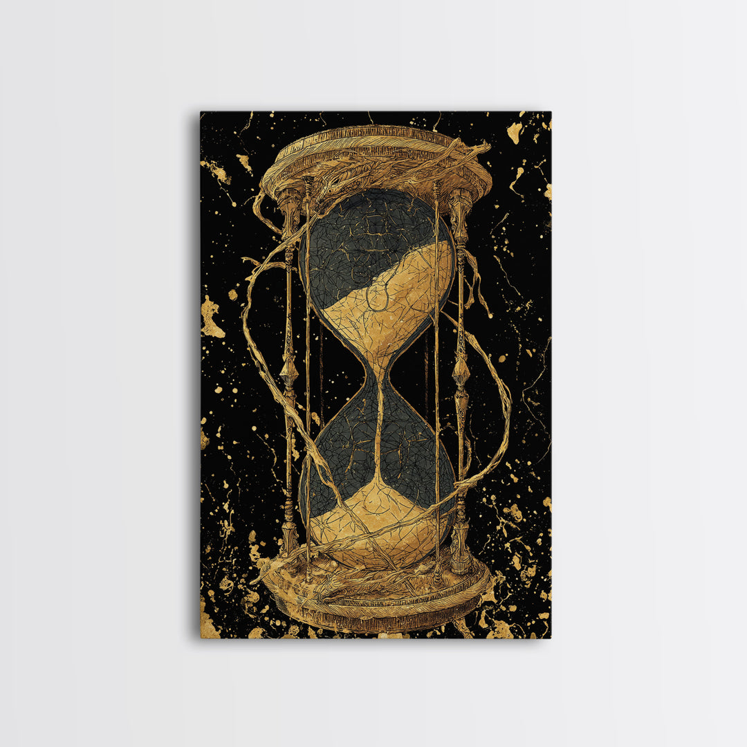 Nordic Hourglass Canvas Gold Art Canvas Art Wall Decor, Viking Myth Time Symbol Artwork for Office or Man Cave, Wood Framed